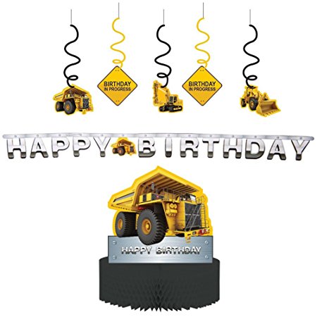 Construction Zone Party Decorations Supply Pack - Dizzy Danglers, Banner, and Centerpiece