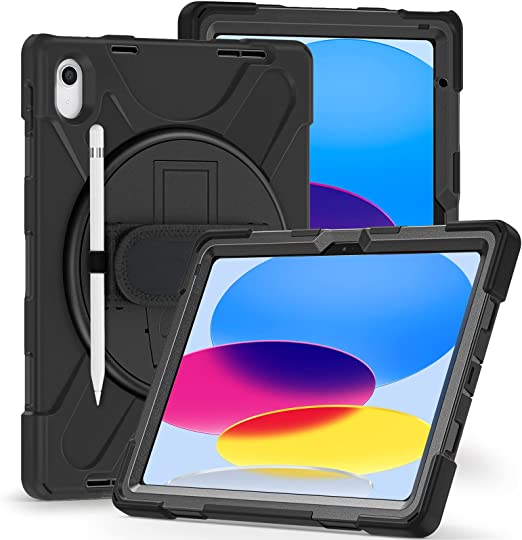 ZenRich iPad 10th Generation Case 10.9'' 2022 New Released, zenrich iPad 10th Generation 10.9 Rugged Shockproof Protective Case with Pencil Holder Kickstand Hand Strap and Shoulder Strap, Black