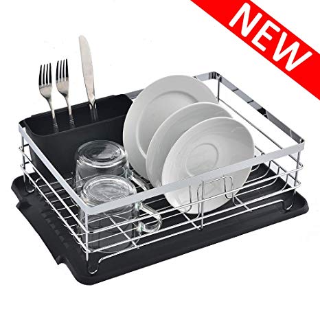 Modern Kitchen Sturdy Stainless Steel Metal Wire 15.4" x 11" x 5.6" Dish Drying Rack, Chrome Dish Rack with Black Drainboard Cutlery Cup Utensil Organizer Holder