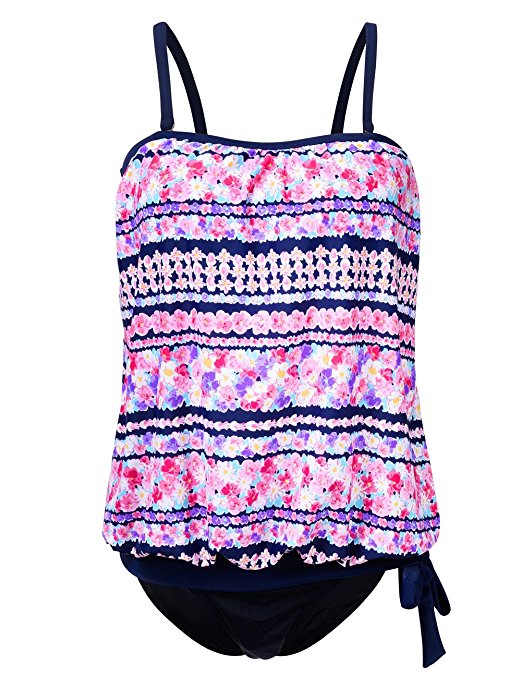 Hilor Women's Bandeau Blouson Tie Tankini Set Two Piece Swimsuit