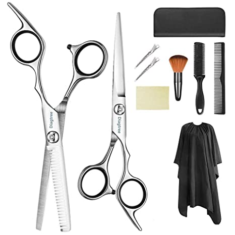 Professional Hair Cutting Scissors Set 9 Pcs Hairdressing Scissors Kit, Hair Cutting Scissors, Thinning Shears, Hair Razor Comb, Clips, Cape, Diagtree Shears Kit for Home, Salon, Barber