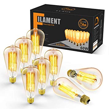 LUXON 8-Pack Antique Vintage Style Light 60W Dimmable 2000k Amber Warm E26 Base Edison Bulbs 280 Lumen for Wall Sconce Chandelier Retro Fixture