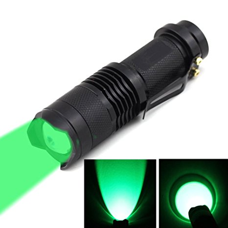BestFire® 100 Yards Super Mini Zoomable 300 Lumens CREE Q5 Green LED 3-Mode AA/14500 Battery Adjustable Focus Zoom Tactical Flashlight Green Hunting Light Cree LED Green Coyote Hog Hunting Light Lamp Torch for Hunting Fishing (Green Light)