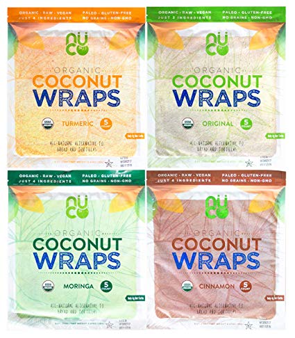 NUCO Organic Coconut Wraps Variety Pack: Original, Turmeric, Moringa, and Cinnamon (20 wraps total)