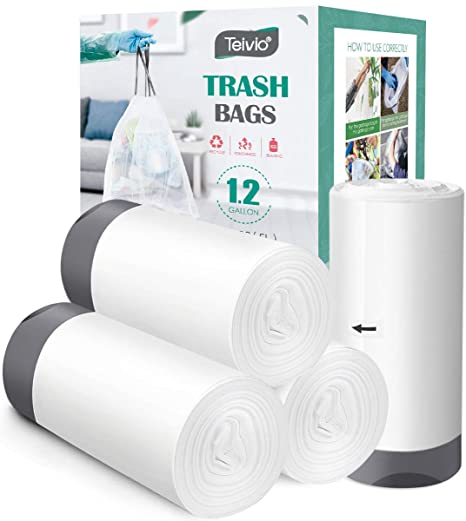 1.2 Gallon/220pcs Strong Drawstring Trash Bags Garbage Bags by Teivio, Bathroom Trash Can Bin Liners, Small Plastic Bags for home office kitchen, Code a fit 5-6 Liter, 0.8-1.6 and 1-1.5 Gal