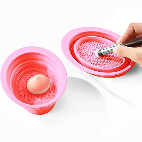 Makeup Brush Cleaning Mat, Silicone Makeup Brush Scrubber, Cosmetic Brush Cleaner, Brush Cleaning Pad, Foldable makeup brush cleaning bowl Suitable for makeup brush, Makeup Sponge, powder puff (Pink)