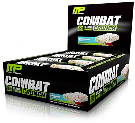 MusclePharm Combat Crunch Protein Bar, Multi-Layered Baked Bar, 20g Protein, Low Sugar, Low Carb, Gluten Free, Birthday Cake, 12 Bars