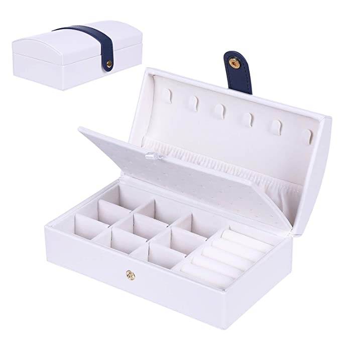 homing Small Travel Jewelry Organizer for Women, Double Layer Jewelry Box PU Leather Jewelry Holder with Mirror for Earring Necklace Rings (White)