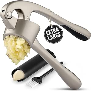 Zulay Kitchen Extra Large Premium Garlic Press Set - Bigger Bowl for Bigger Garlic - Rust Proof & Dishwasher Safe Garlic Mincer Tool - Easy-Squeeze, Easy-Clean Silicone Garlic Peeler & Brush (Silver)