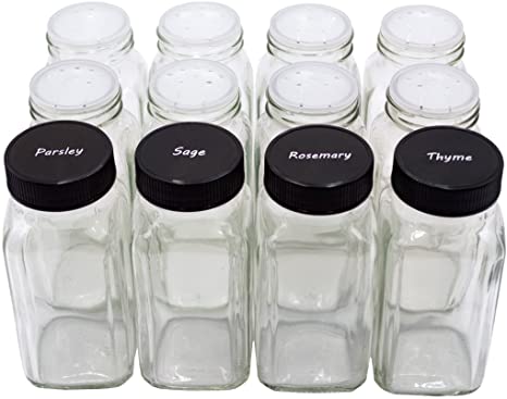 U-Pack 12 pieces of French Square Glass Spice Bottles 6 oz Spice Jars with Black Plastic Lids Shaker Tops and Labels by U-Pack