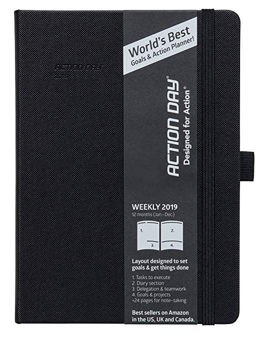 Action Day Planner 2019 - Worlds Best Goals & Action Layout That Gets Things Done & Increase Productivity - Daily, Weekly, Monthly, Yearly Organizer (6x8,Thread-Bound,Black)