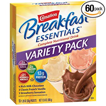 Carnation Breakfast Essentials Powder Drink Mix, Variety Pack, Box of 10 Packets (Pack of 6) (Packaging May Vary)