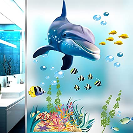 Ocean Wall Stickers for Under The Sea Theme Cute Fish Blue Dolphin Seagrass Coral Wall Mural Multicolored for Nursery Kids Room (Under The Sea)
