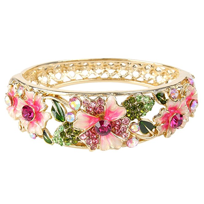 EleQueen Women's Gold-tone Austrian Crystal Enamel Flower Leaf Bangle Bracelet