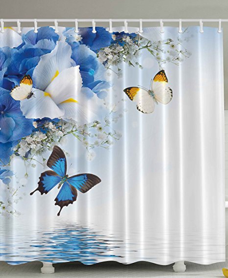 Fabric Shower Curtain by Ambesonne, Resort Spa Home Decor Blue White Wild Flowers Monarch Yellow Butterflies Theme Lily Therapy Zen Reflection Floral Bathroom Lake House Decor Art Prints Design