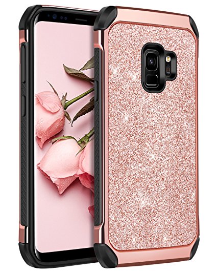 BENTOBEN Galaxy S9 Case, Samsung S9 Case 2 in 1 Glitter Bling Hard PC Cover Coat Sparkly Shiny Leather Hybrid TPU Bumper Shockproof Protective Phone Cases for Samsung Galaxy S9 (SM-G960U), Rose Gold