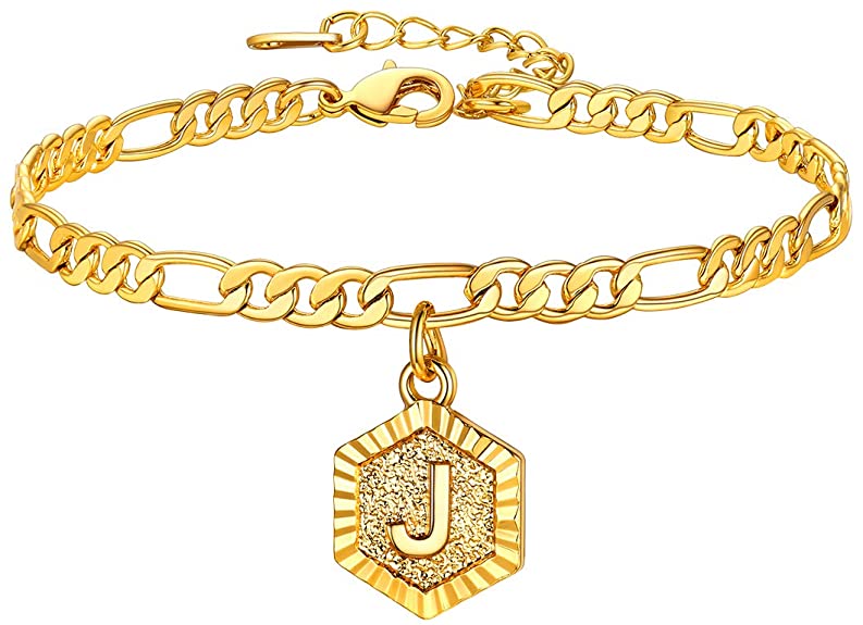 U7 Gold Anklet for Women 4MM Figaro Ankle Bracelets with Initial Charm 18K Gold Plated Barefeet Chain for Women, Adjustable 8.5" 2",Send Gift Box