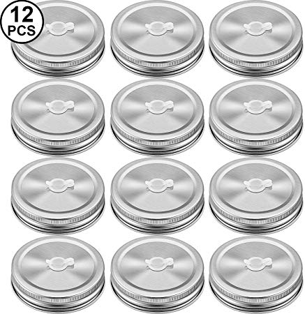 12 Packs Regular Mouth Mason Jar Stainless Steel Lids Straw Hole with Silicone Rings