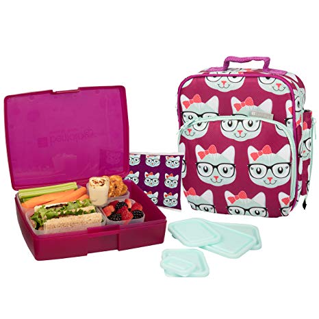 Bentology Lunch Bag and Box Set - Includes Insulated Bag with Handle, Bento Box, 5 Containers and Ice Pack (Kitty)
