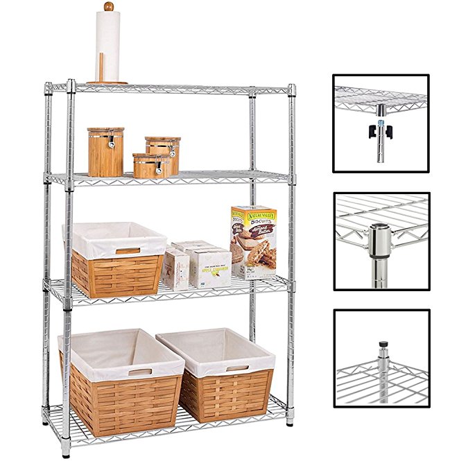 Bonnlo 4-Tier Heavy Duty Commercial Wire Shelving Unit Adjustable Storage Rack Free Standing Garage Shelf for Home or 35.4” L x 13.8” W x 55” H Inches Silver