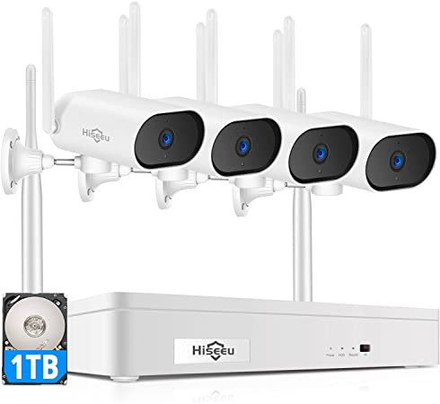 【Human Detection】 Hiseeu 3MP Wireless Security Camera System,Pan 180 ° Horizontal,Two-Way Audio,8 Channel NVR,DC 12V Adpeater,Night Vision,Home WiFi Surveillance Cameras Outdoor,2.5in 1TB Hard Drive