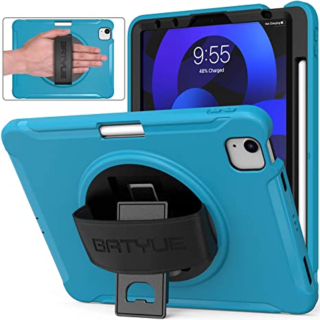 BATYUE Case for iPad Air 4 2020 10.9 Inch, iPad Pro 11 2020/2018, Three Layer Hybrid Drop Protection Case with 360 Degree Rotating Stand  Hand Strap  Apple Pencil Charging (Light Blue)