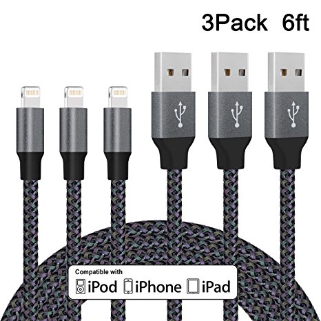 Xcords Lightning Cable 3Pack 6ft Nylon Braided Charing Cord for iPhone 7 7 Plus 6 6S 6 Plus 5S 5C 5 SE iPod iPad Mini Air Pro and More (Purple) …