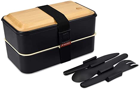 Navaris Bento Box - Stackable Japanese Style Lunch Box with 3 Piece Cutlery Set and Bamboo Lid for On The Go, Meal Prep, Snack Packing - Black, 41 oz