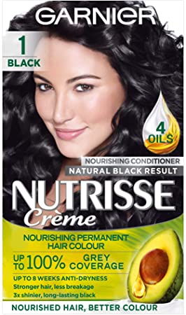 Garnier Nutrisse Black Hair Dye Permanent, Up to 100% Grey Hair Coverage, with 4 Oils Conditioner - 1.0 Black