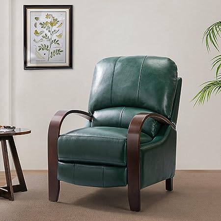 HULALA HOME Genuine Leather Manual Recliner with Wood Armrest & Feet, Headrest & Lumbar Support, Mid-Century Modern Push Back Reclining Armchair for Bedroom Living Room, Green