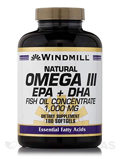 Windmill Omega 3 180 Softgels EPA and DHA Fish Oil Concentrate 1,000 Milligrams Windmill Vitamins Dietary Supplement Weight Loss Heart Health Essential Fatty Acids. Get the Daily Fatty Acids Your Body Needs! Omega 3 Formula Supports Proper Cellular Flexibility and Cardiovascular Health. Lower Blood Pressure, Cholesterol, Immune System Booster, Natural Energy Supplement, Gluten Free Supplement.