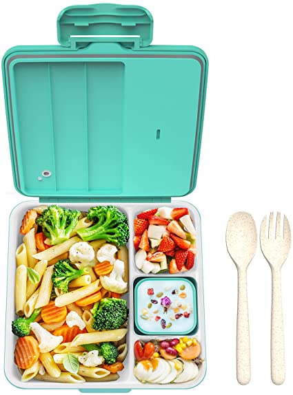 Voluex Bento Box, Bento Lunch Box for Kids With Spoon & Fork，4 Compartment, Durable, Leak Proof, Dishwasher Safe，BPA-Free and Food-Safe Materials，45oz Large lunch Box Containers for Adults- Blue