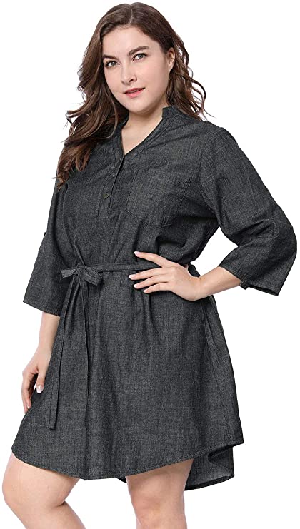 uxcell Women's Plus Size Roll Up Sleeves Above Knee Belted Denim Shirt Dress