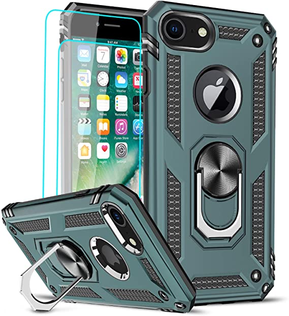 LeYi Compatible for iPhone 8 Case, iPhone 7 Case, iPhone 6s/ 6 Case with [2 Pack] Tempered Glass Screen Protector, Military-Grade Phone Case with Ring Kickstand for iPhone 6/6s/7/8, Midnight Green