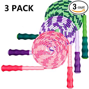 Zonon 3 Pieces Adjustable Jump Rope Soft Beaded Segment Skipping Rope Tangle-Free Jump Rope with Anti-Slip Grip for Outdoor and Indoor Sports, Pink, Green, Purple