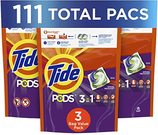 Tide PODS Liquid Laundry Detergent Pacs, Spring Meadow, 3 Bag Value Pack, 111 Count, HE Compatible