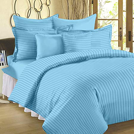 Ahmedabad Cotton Premium 250 TC Sateen Bedsheet with 2 Pillow Covers - Striped, King Size, Sky Blue
