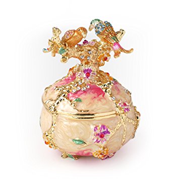 Rare Hand Printed Vintage Style Love Bird Colorful Rhinestone Jewerly Trinket Box / Faberge Egg