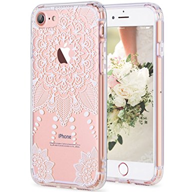 iPhone 7 Case, LUHOURI White Henna Mandala Floral Case, Transparent Plastic with Clear TPU Bumper Protective Back Phone Case Cover for Apple iPhone 7 (4.7 Inch) (H-01)