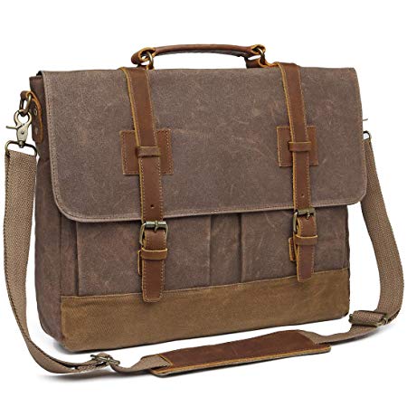 Messenger Bag for Men 15.6 inch Waterproof Waxed Canvas Genuine Leather Briefcase Computer Laptop Bag Large Satchel Shoulder Bag Brown