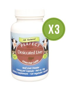 Perfect Desiccated Liver - Grass Fed Undefatted Argentine Beef Liver (120 capsules, 750mg per capsule, Net wt 90g) (Pack of 3)