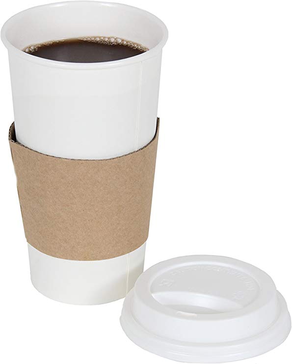 CucinaPrime 20oz White Disposable To-Go Paper Coffee/Hot Beverage Cups with White Lids and Sleeves- 50 Pack