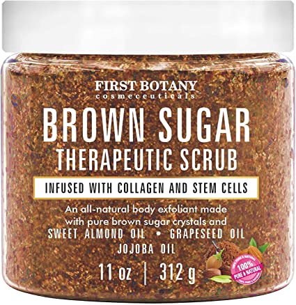 Brown Sugar Natural Body Scrub - Infused with Collagen and Stem Cell - Natural Exfoliating Sugar Scrub & Face and Body Polish helps with Moisturizing Skin, Acne, As a Cellulite Cream, Skin Scars, Wrinkles, Stretch Marks, Dry Feet, Great Gifts 11 oz