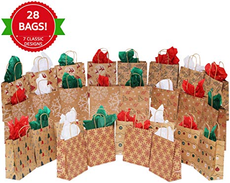 MOMONI 28 Piece Medium Premium Christmas Gift Bags- Classic Variety Kraft Gift Bags Bulk Christmas Bags- Good for Xmas Party Favors, Goody Gift Bags, Holiday Treat Box and Presents