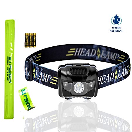 BEST LED Headlamp, 4 Modes, Bright White Light With Red Light, Super Bright, Water Resistant, Perfect For Kids & Adults, Get 2 Free Wristband Reflector, 3AAA Batteries Included (BLACK/BLACK)- SAMLITE