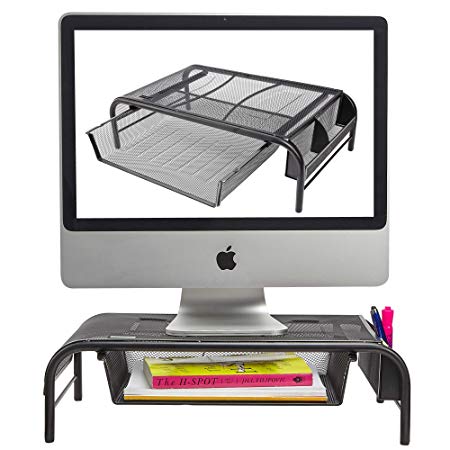 Luxury Office Metal Mesh Monitor Stand – Pull Out Drawer, 2 Side Storage Compartments, Non-Skid Rubber Feet - Computer Screen Riser and Desk Organizer, 1 Pack