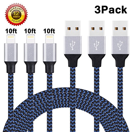 iPhone Charger, Atill Lightning Cable 3Pack 10FT Nylon Braided iPhone 8Pin Lightning Charging & Sync Charger Cord for iPhone7 7Plus 6s 6sPlus 6 6Plus SE 5 5S 5C iPad iPod & More (BlackBlue)