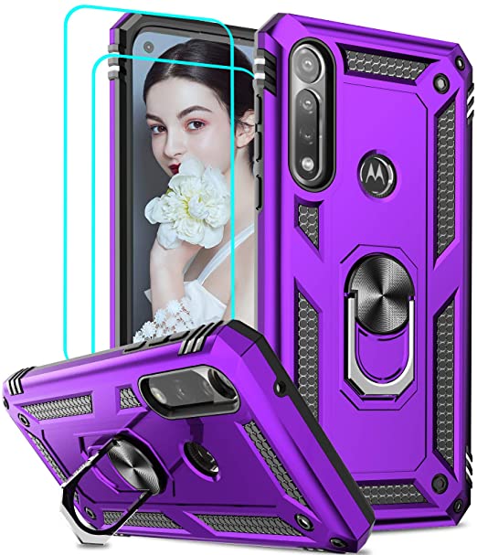 LeYi Compatible with Moto G Power 2020 Case (Not Fit 2021) with [2Pack] Tempered Glass Screen Protector,[Military-Grade] Phone Cover with Ring Kickstand for Motorola G Power 2020, Purple