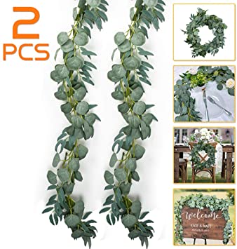 OurWarm 2pcs Eucalyptus Leaves Garland Greenery Decor Artificial Silver Dollar with Faux Willow Leaves Vines for Wedding Backdrop Arch Home Wall Decor, 6.5ft Greenery Table Runner