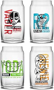 JoyJolt Star Wars Now Playing Collection Tumblers, 16.9oz Classic Can Shape Tumbler Drinking Glass Cups Set, Glass Tumbler Set of 4 w/Glass Straws, Star Wars Gifts, Star Wars Glassware